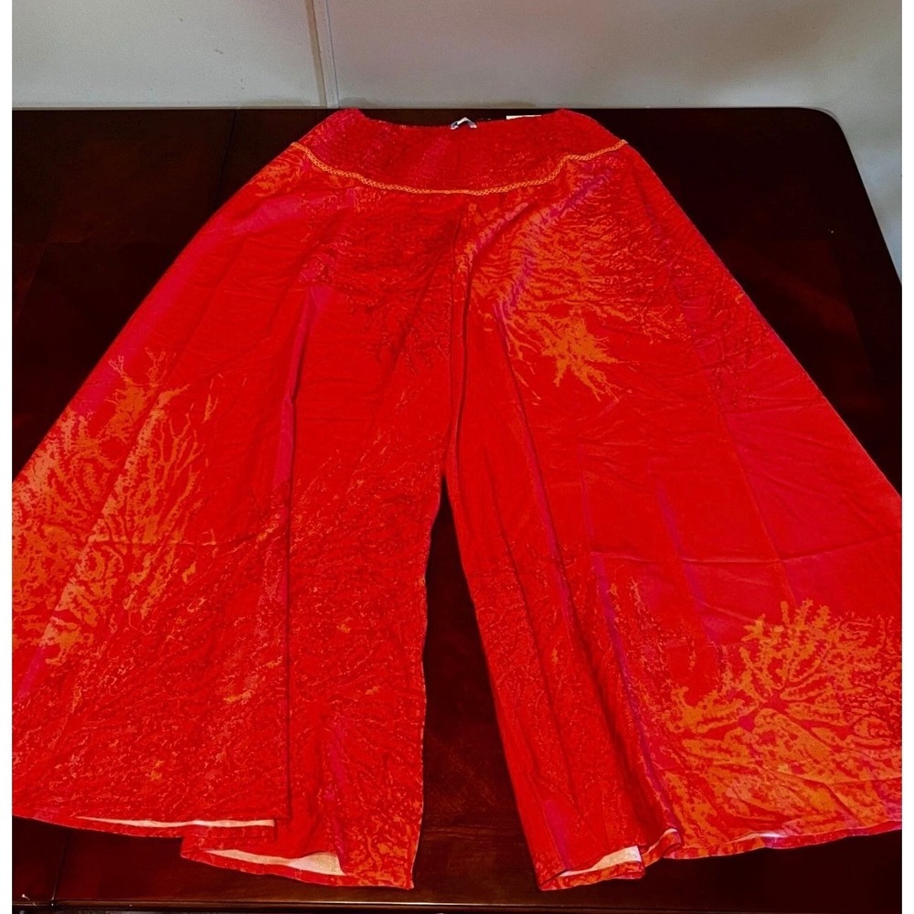 Modaposa Womens large Red Orange Coral Print Smocked Wide Leg Palazzo Pants